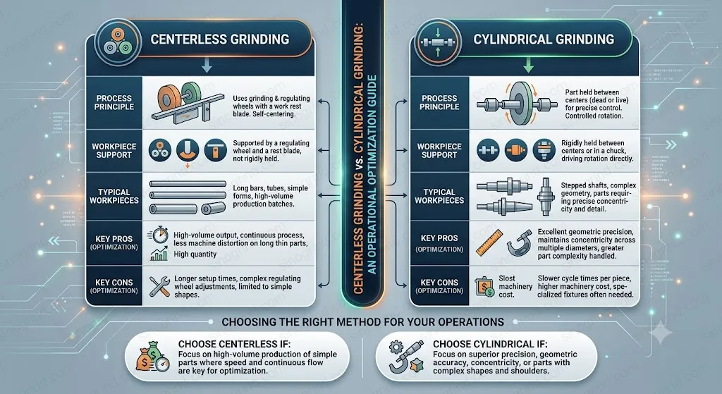 Comparison of centerless grinding and cylindrical grinding operations