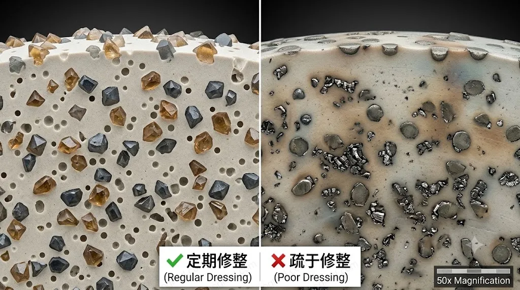 Comparison of properly dressed vs worn grinding wheel surfaces