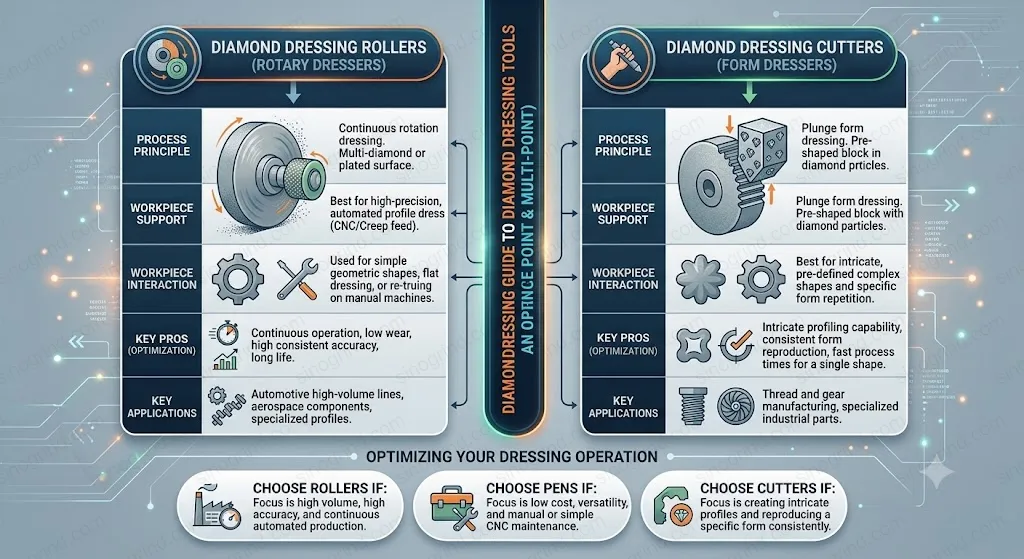 Diamond dressing tools including rollers, pens, and cutters for grinding wheel maintenance