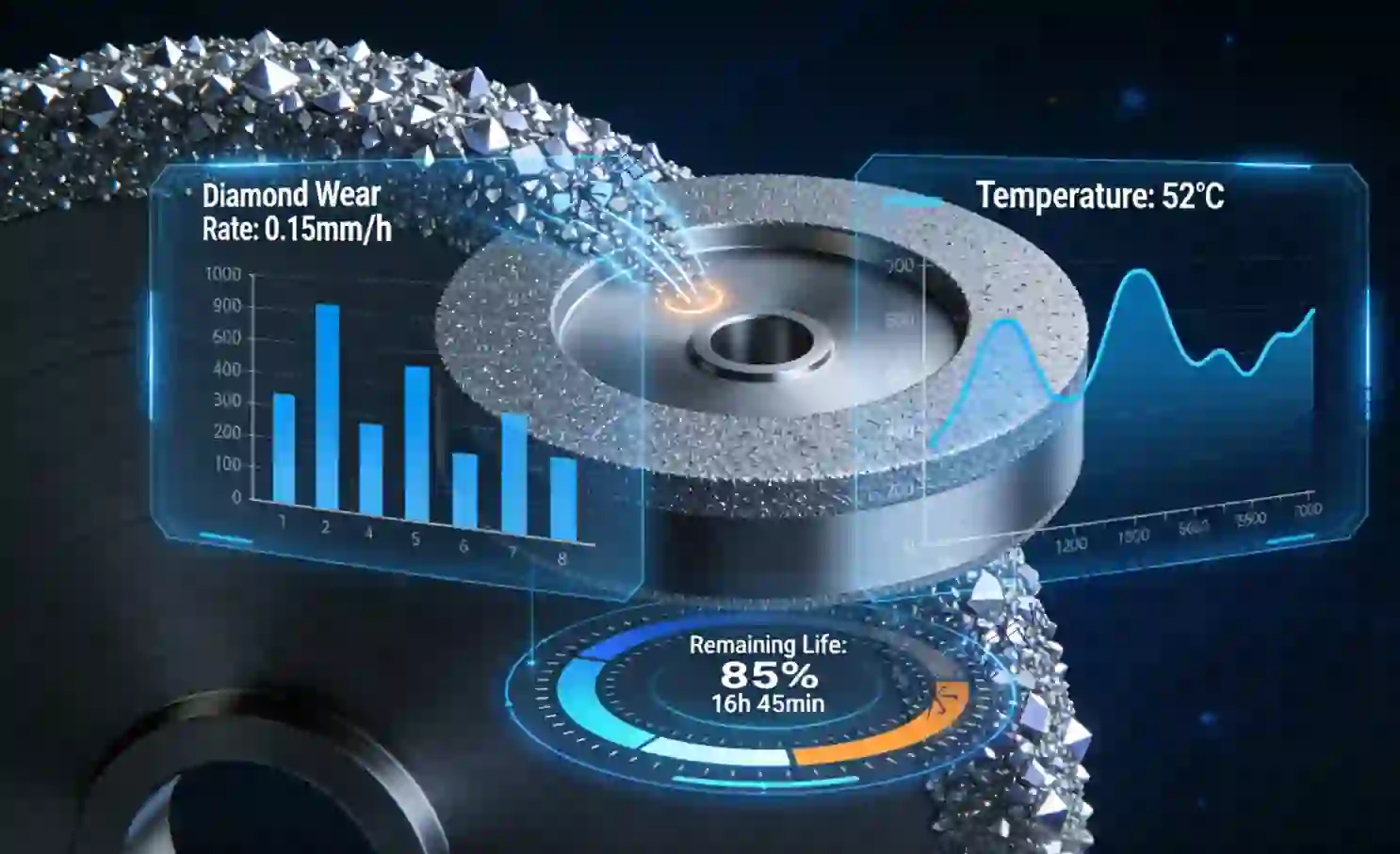 A digital “smart grinding wheel” interface displaying virtual wear data, temperature curves, and remaining life predictions.