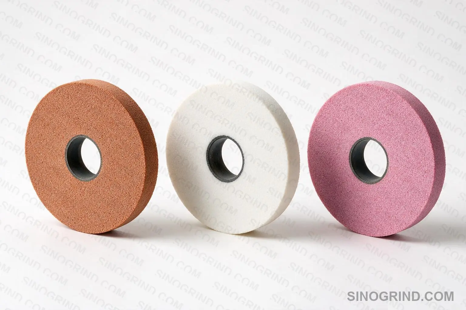 Brown white and pink aluminum oxide grinding wheel types comparison