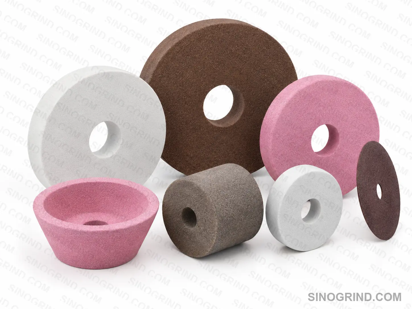 Aluminum oxide grinding wheels different forms collection brown white pink